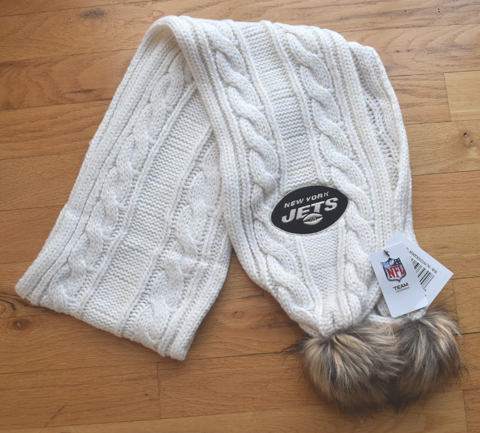 NY New York JETS NFL Team Apparel Headwear White Woven Weave scarf 64” x 8”