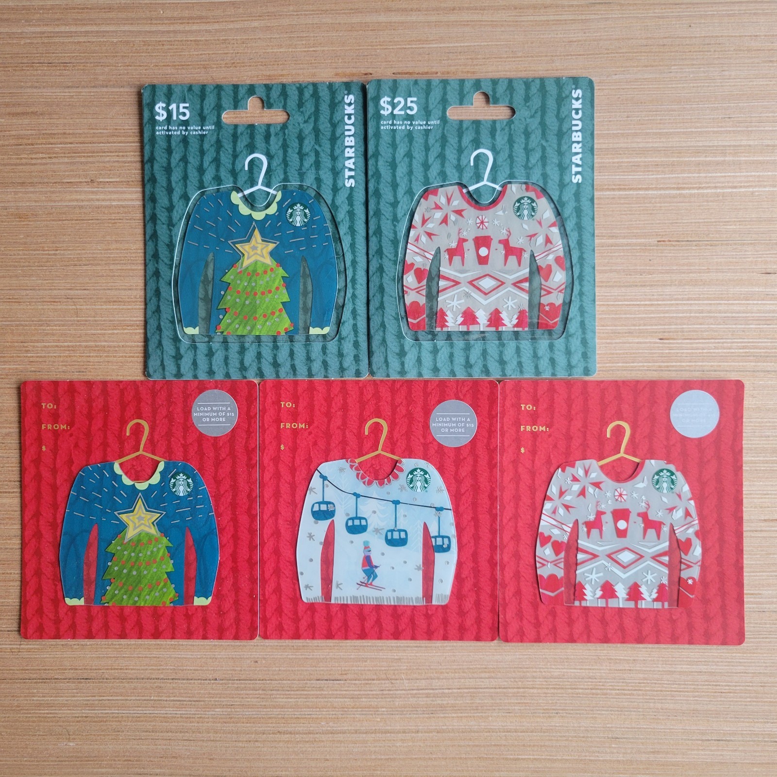 Set of 5 Starbucks Ugly Sweater 2016/2017 Special Edition Xmas Hanger gift cards - Image 2