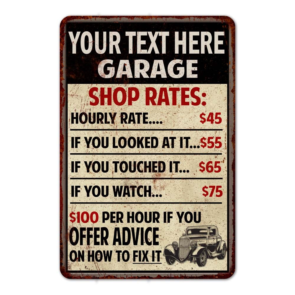 Personalized Garage Shop Rates Sign Man Cave Décor Gift Automotive 108120010001