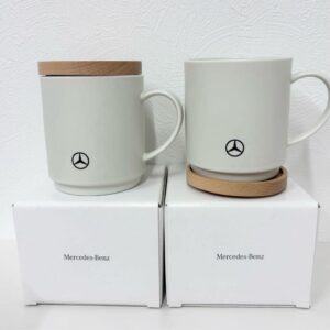 Mercedes-Benz Mug Pair Ceramic White with Wooden Lid Novelty Used