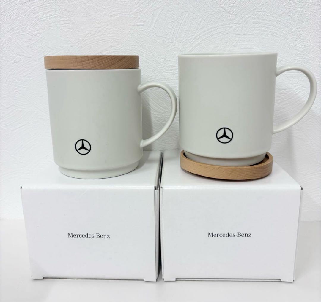 Mercedes-Benz Mug Pair Ceramic White with Wooden Lid Novelty Used