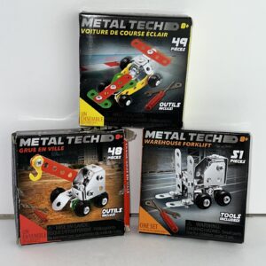 Lot of 3 Model Kit METAL TECH Toys RACE CAR FORKLIFT & CITY CRANE Tools Included