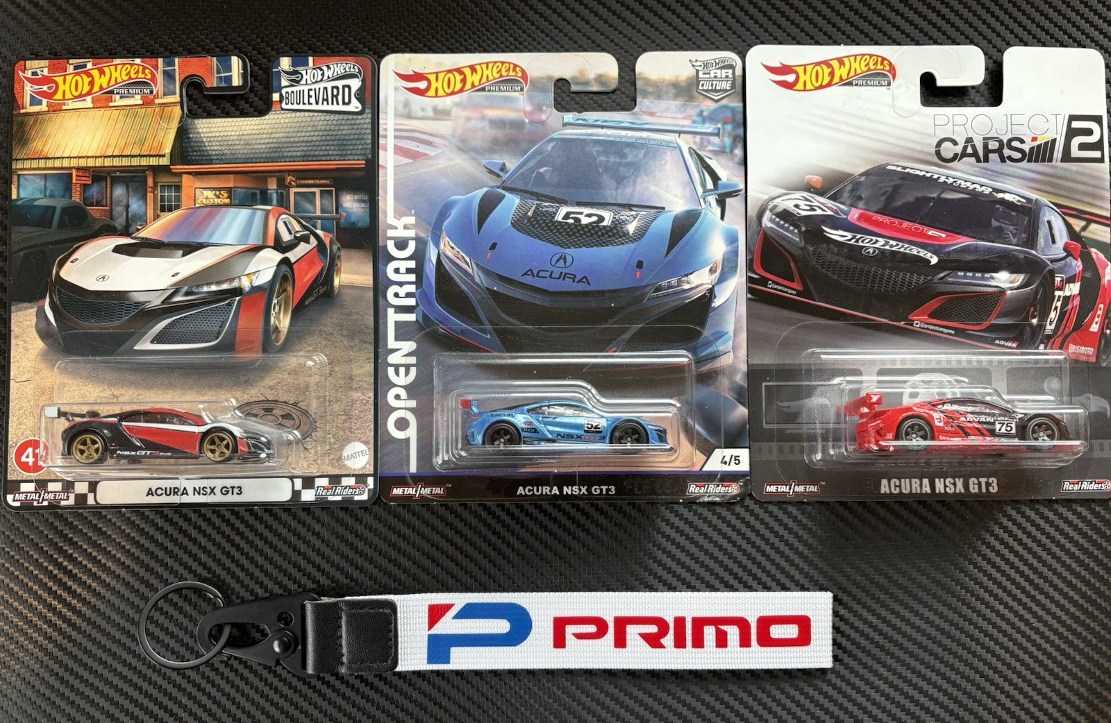 Hot Wheel Acura NSX GT3 Lot of 3 and Primo Keychain Lanyard