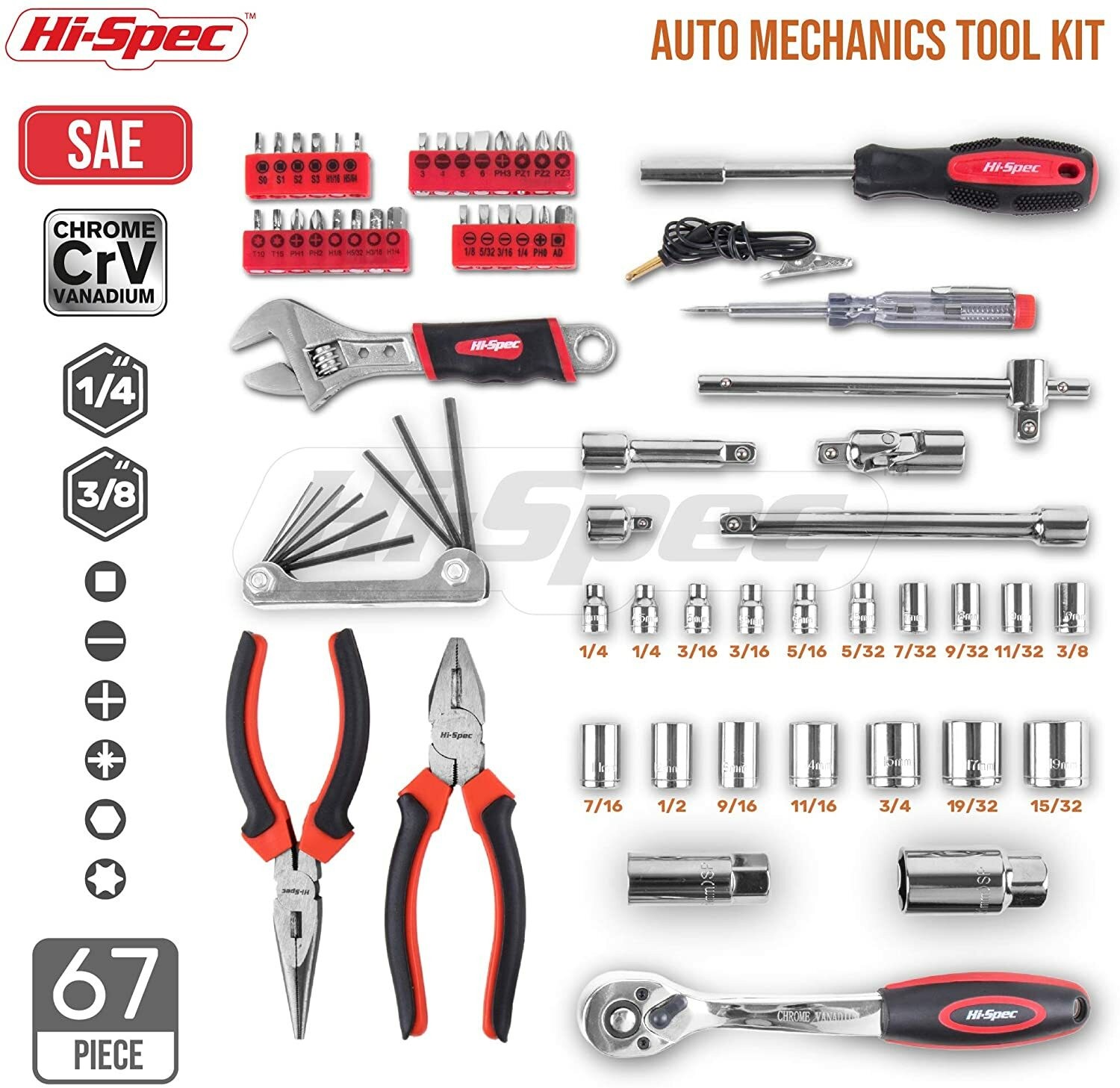 67 Piece Auto Mechanics Tool Kit SAE Sockets, Ratchet Set & Hand Tools Tool Box - Image 2