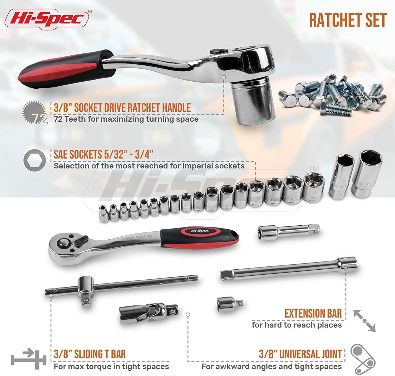 67 Piece Auto Mechanics Tool Kit SAE Sockets, Ratchet Set & Hand Tools Tool Box - Image 3