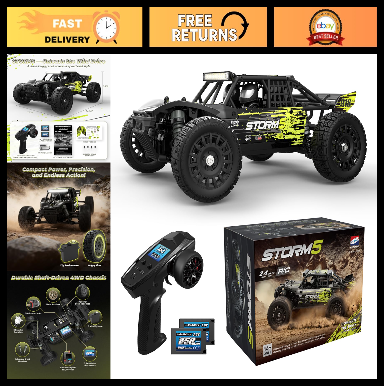 Camión de radiocontrol todoterreno 1:18 36 km/h 4x4 coche eléctrico, a prueba de salpicaduras, baterías dobles, RT-