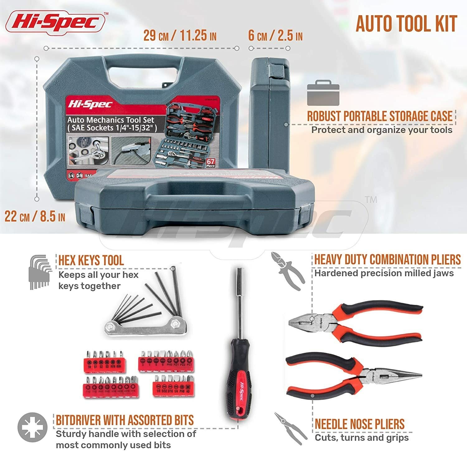 67 Piece Auto Mechanics Tool Kit SAE Sockets, Ratchet Set & Hand Tools Tool Box - Image 4