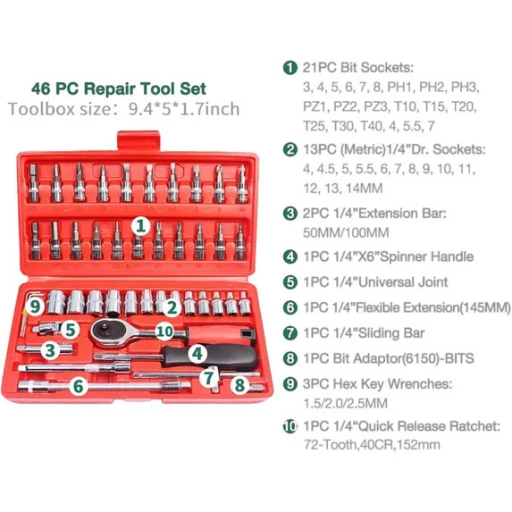 46PCS 1/4" Ratchet Wrench Combination Socket Tool Set Kit Auto Car Repair Tool& - Image 3