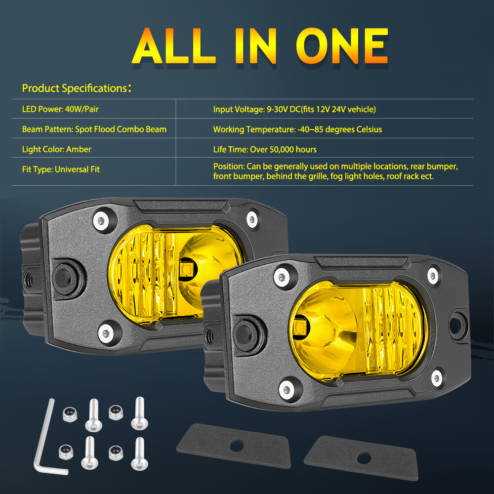 2X 4" Flush Mount 40W LED Cube Auxiliary Light Pod Wide Cornering Amber 4WD SUV - Image 4