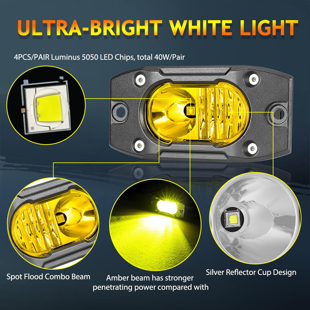 2X 4" Flush Mount 40W LED Cube Auxiliary Light Pod Wide Cornering Amber 4WD SUV - Image 5