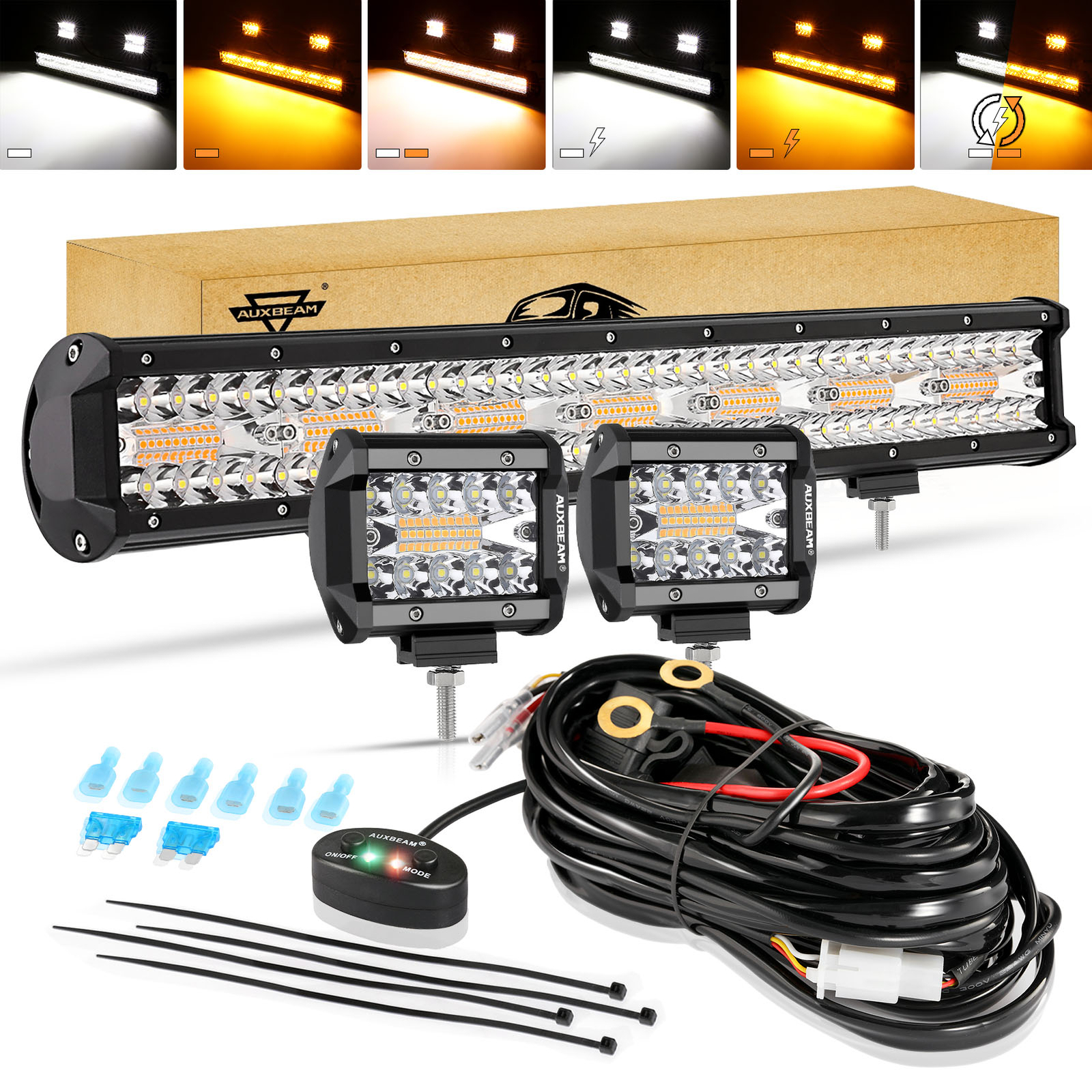 AUXBEAM 20" 4" Estroboscópico LED Barra de Luz de Trabajo Vainas Conducción Todoterreno Para Jeep 4x4 ATV-