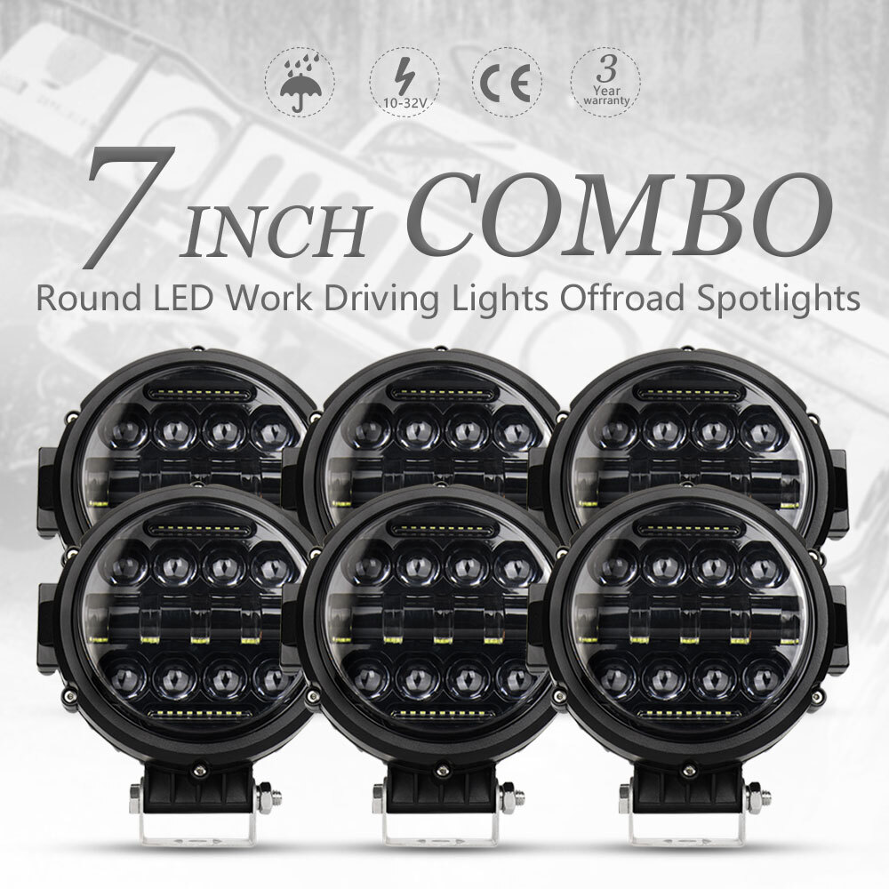 6x 7" Barras de Luz LED Redondas Punto de Trabajo Blanco Inundación DRL Offroad Conducción ATV 4x4 SUV-