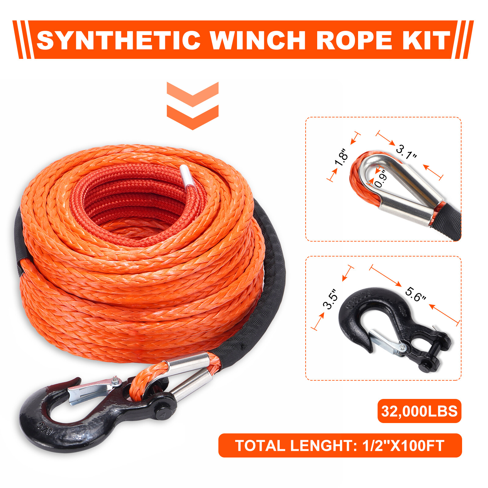 Cable de línea de cabrestante sintético 32000 lb 1/2" 100 ft + gancho para recuperación 4x4- - Image 2