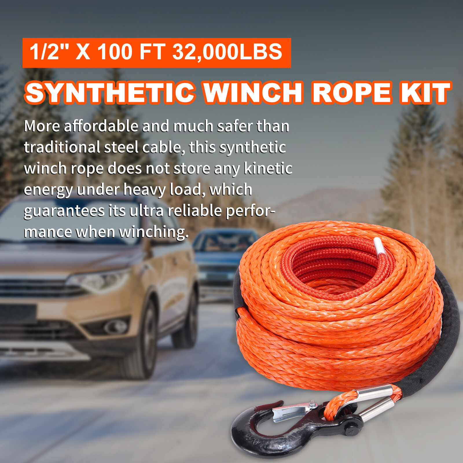 Cable de línea de cabrestante sintético 32000 lb 1/2" 100 ft + gancho para recuperación 4x4- - Image 5