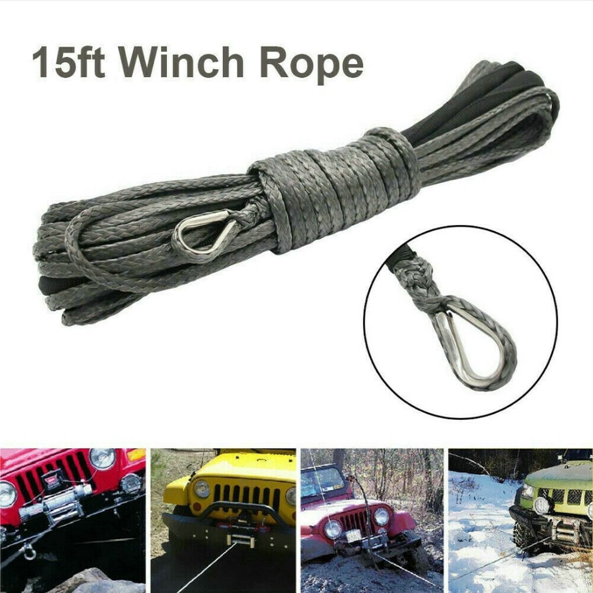 Cable de recuperación de cuerda de cabrestante sintético 1/4"x50' 10000 lb 4x4 UTV ATV con funda-