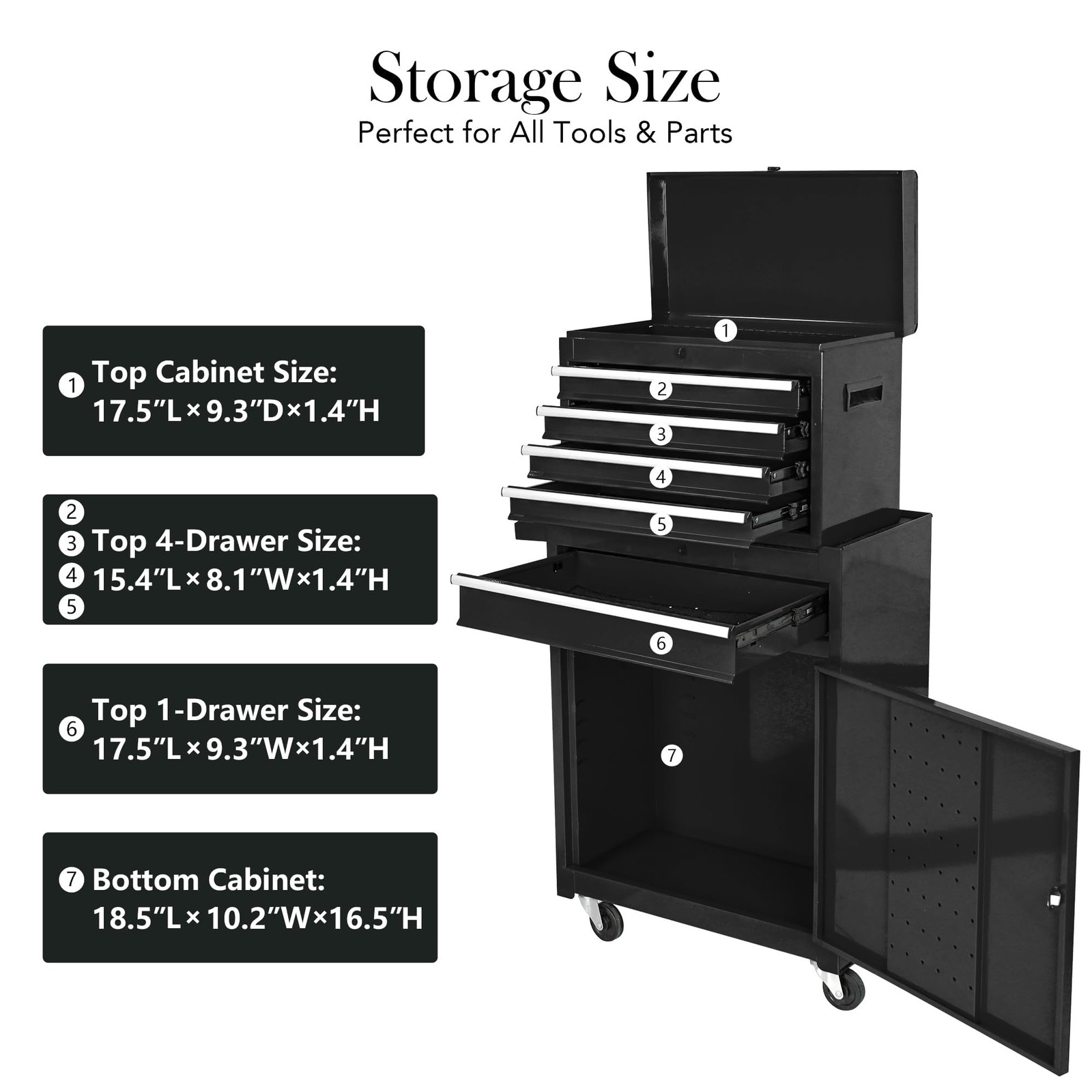 5-Drawer Rolling Tool Chest w/ Wheels & Detachable Top Heavy-Duty Steel Toolbox - Image 3
