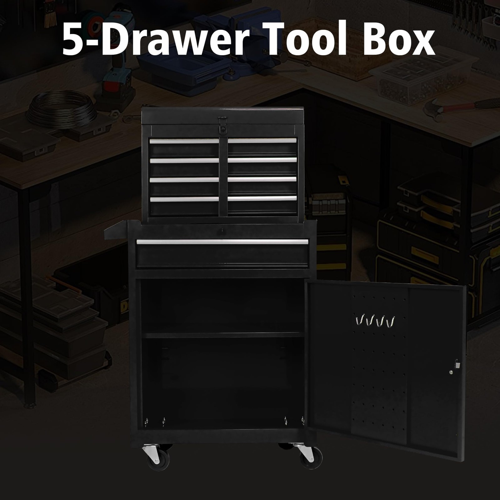 5-Drawer Rolling Tool Chest w/ Wheels & Detachable Top Heavy-Duty Steel Toolbox - Image 5
