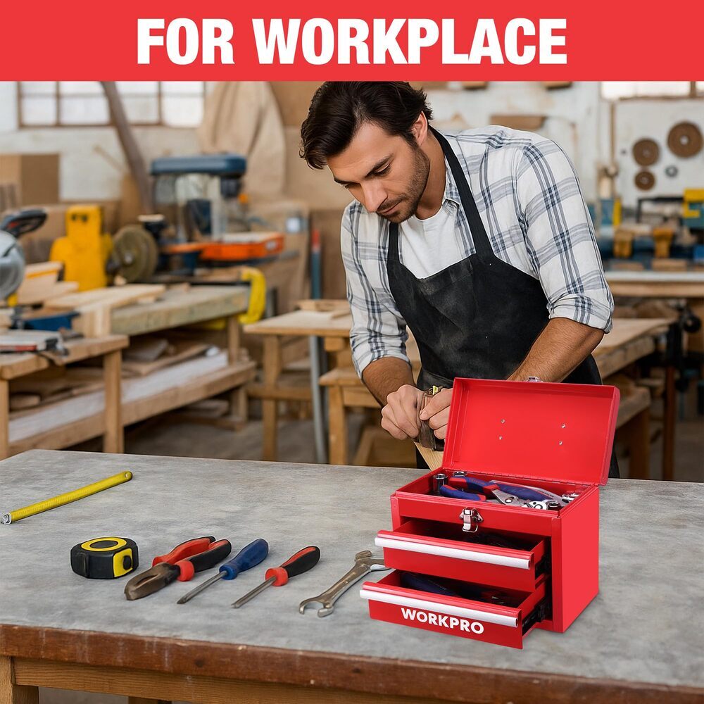 WORKPRO Portable Mini Tool Box 2 Drawers Metal Tool Chest Ball Bearing Slides - Image 2