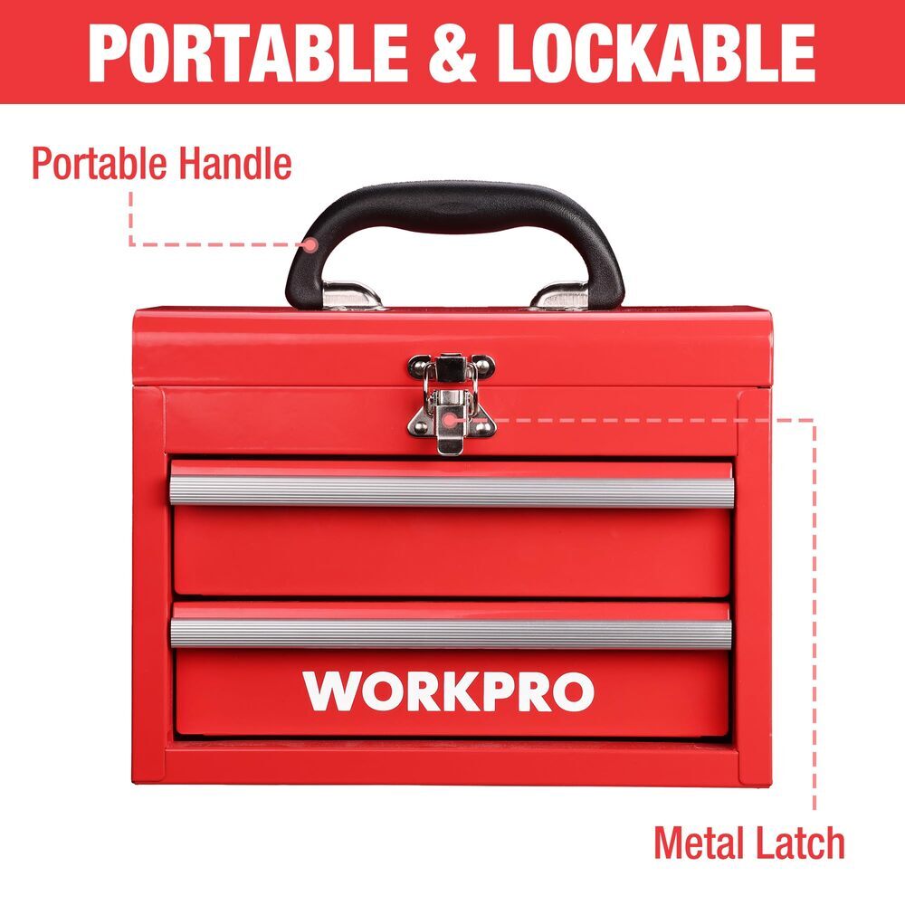 WORKPRO Portable Mini Tool Box 2 Drawers Metal Tool Chest Ball Bearing Slides - Image 3
