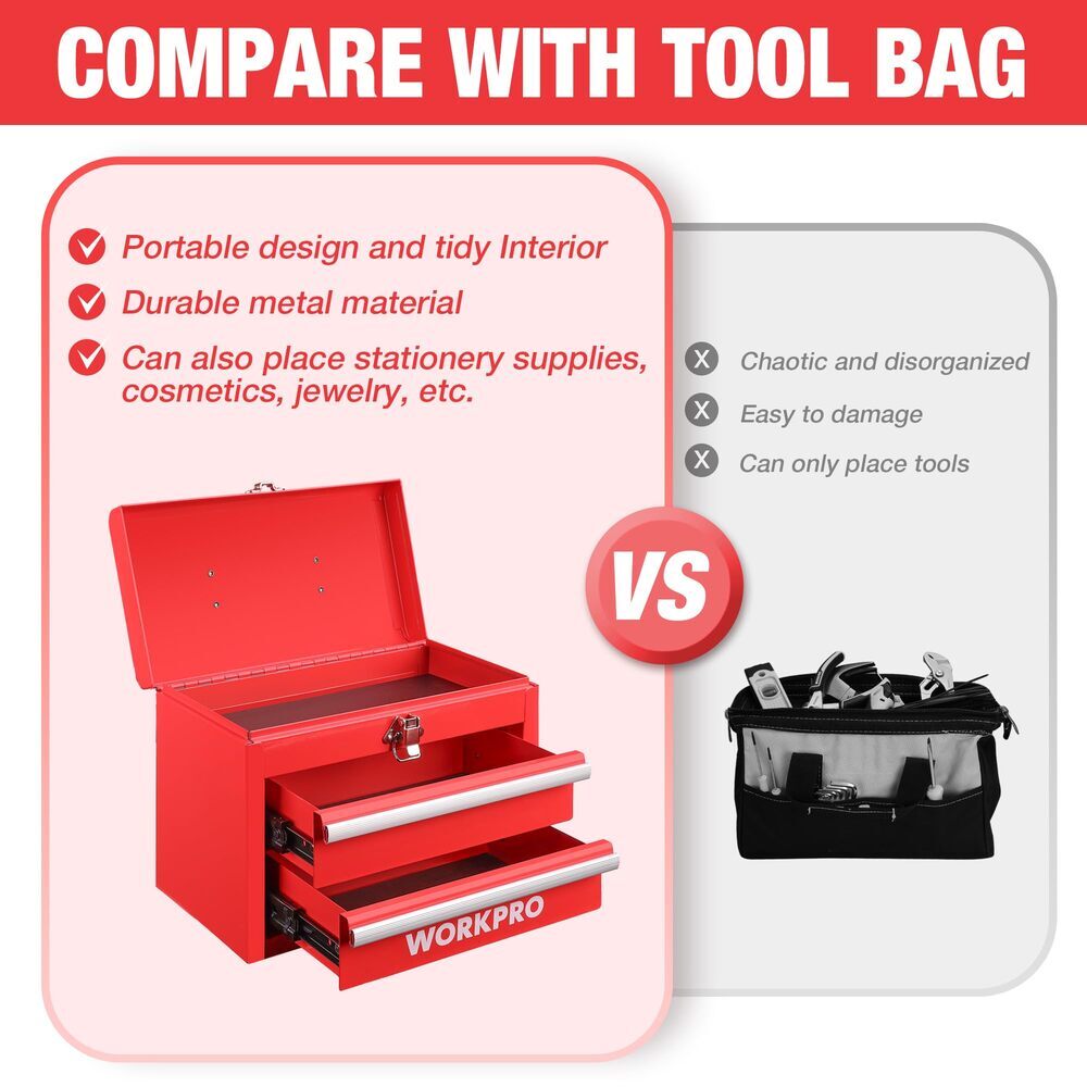 WORKPRO Portable Mini Tool Box 2 Drawers Metal Tool Chest Ball Bearing Slides - Image 5