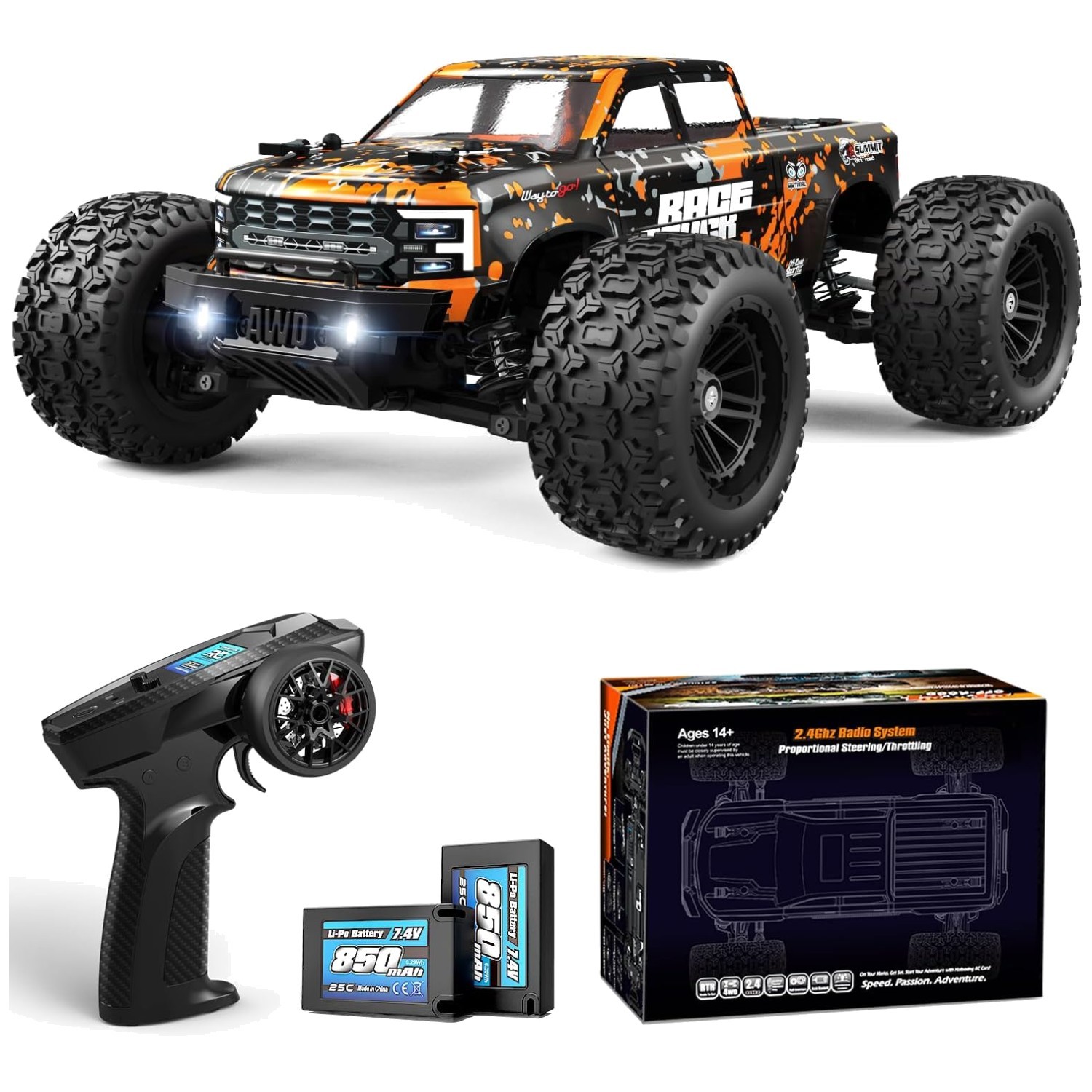 Monster Truck RC rápido 4x4 - Aventura escala 1:18 con baterías dobles para niños-