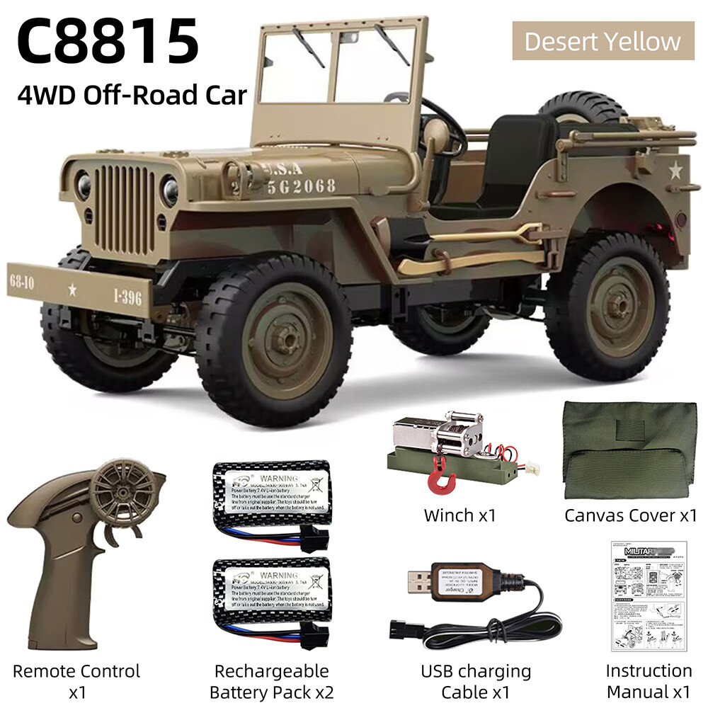 JJRC C8815 RC Jeep 2.4G 4WD Truck Car Winch Canvas Off-Road Remote Car 2 Battery