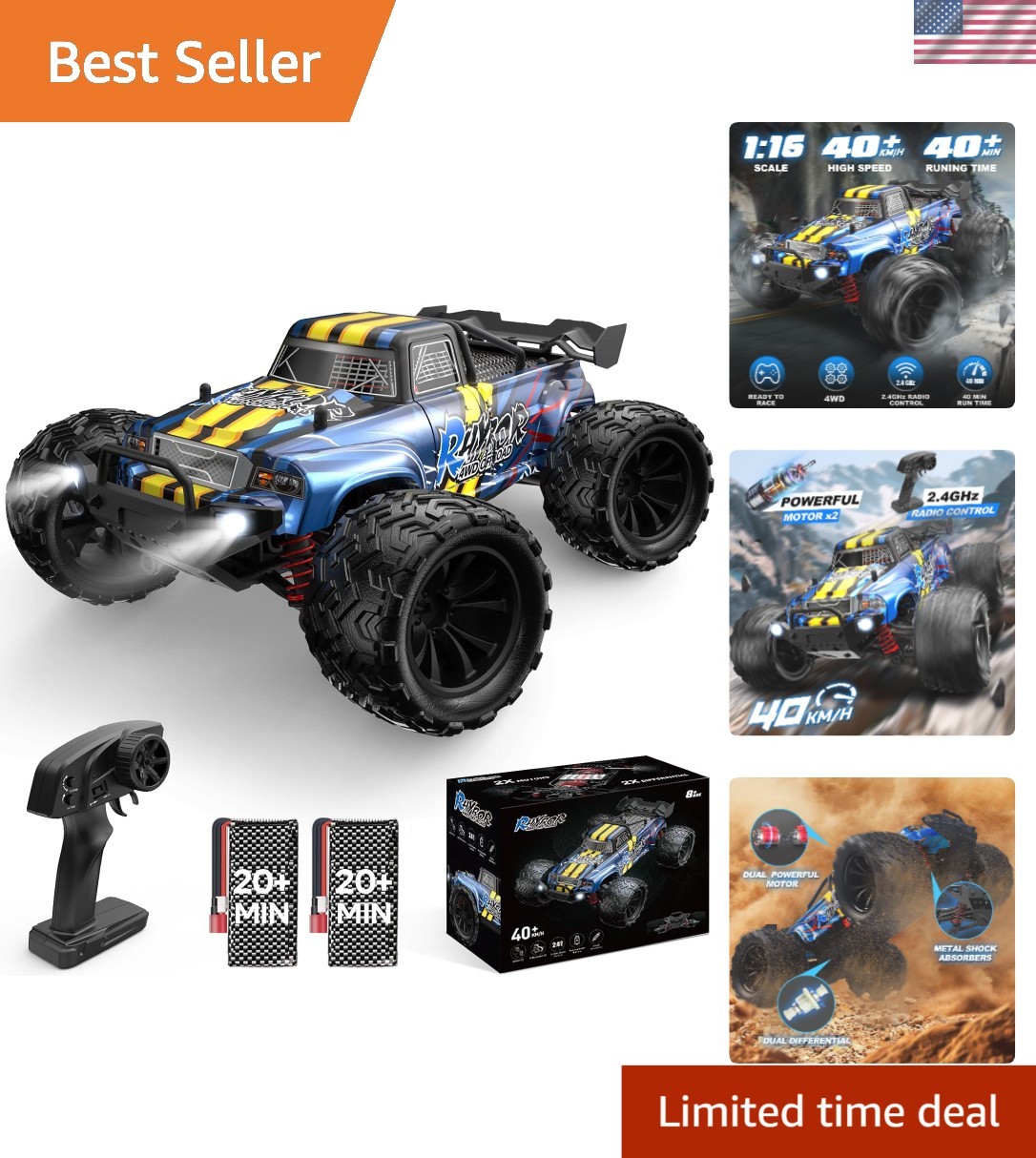 Camión RC 4x4 con velocidad 40KPH - Control 2.4GHz - Incluye baterías recargables-