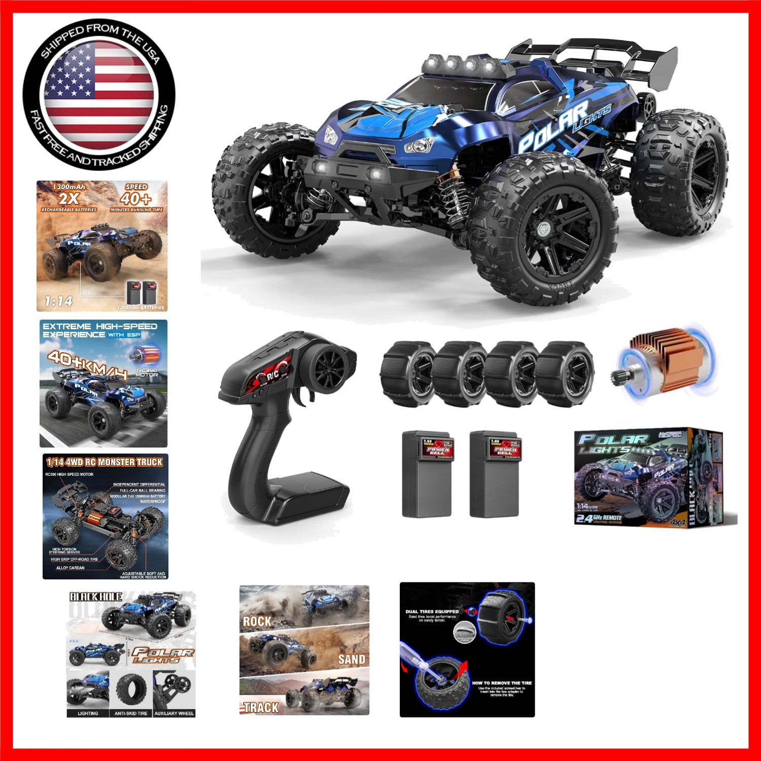 Monster Truck todoterreno recargable 1:14 - baterías dobles y 40 minutos de juego-