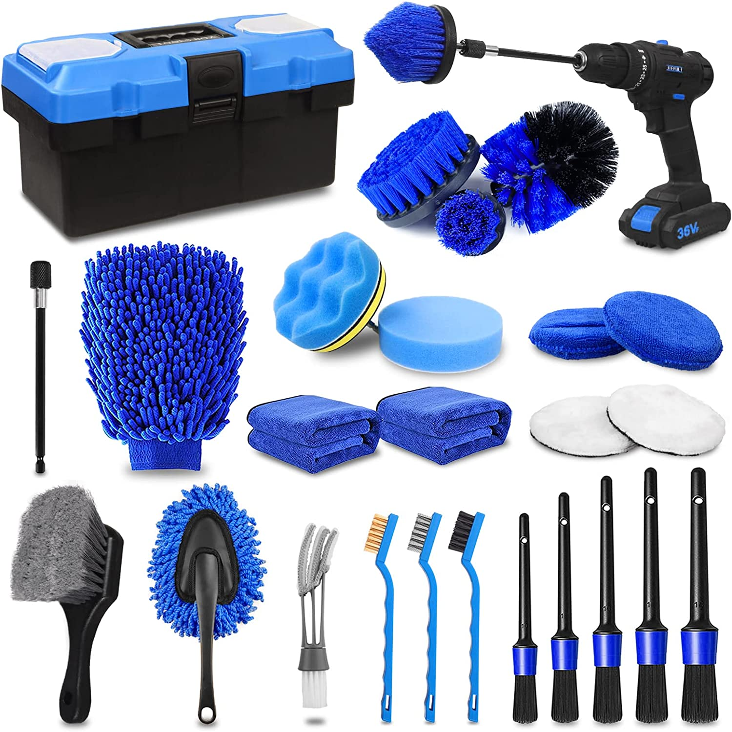 27Pcs Car Detailing Accessories Set - Car Wheel Tire Brushes with Tool Box Kit