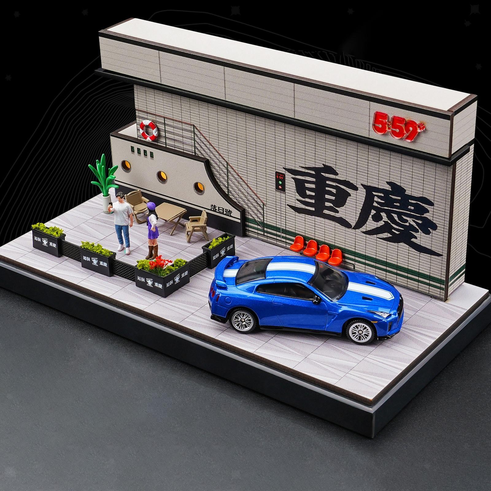 1/64 Model Car Display Case Toy Car Storage Box Street Diorama with Light Micro