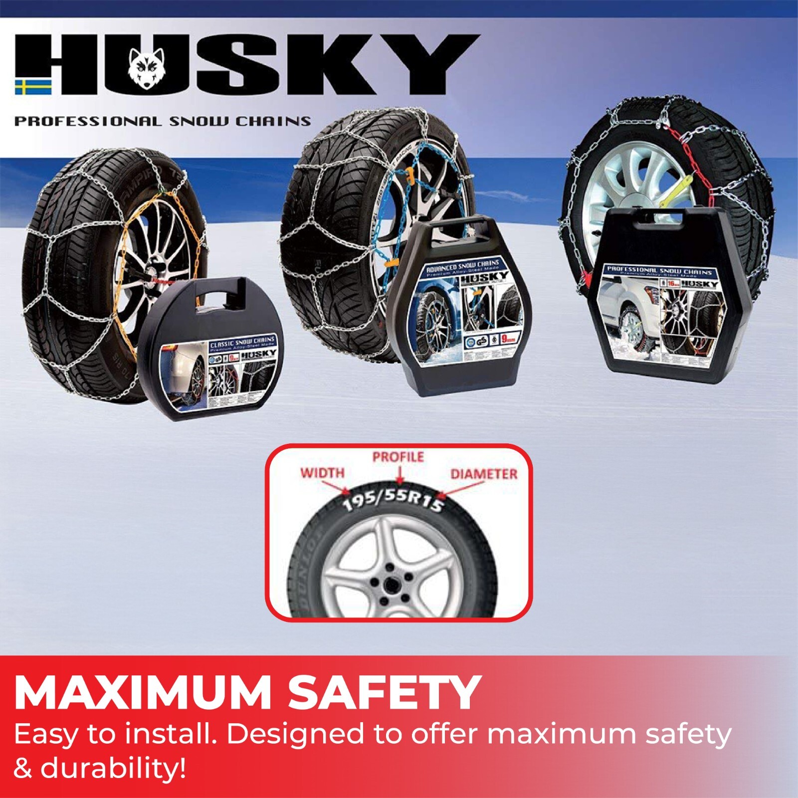Cadenas de nieve Sumex Husky invierno 16 mm para neumáticos de rueda de coche de 15 pulgadas 4x4 par inc caja- - Image 5
