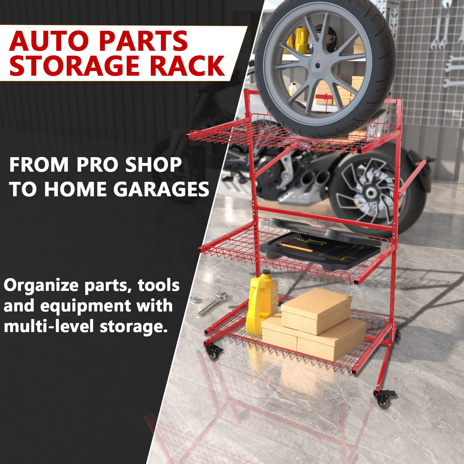 3 Shelf Storage Shelving Workshop Trolley Rack with Wheels for Automotive Tools - Image 3