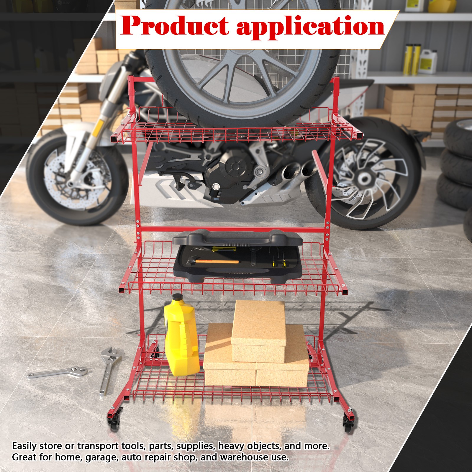 3 Shelf Storage Shelving Workshop Trolley Rack with Wheels for Automotive Tools - Image 4