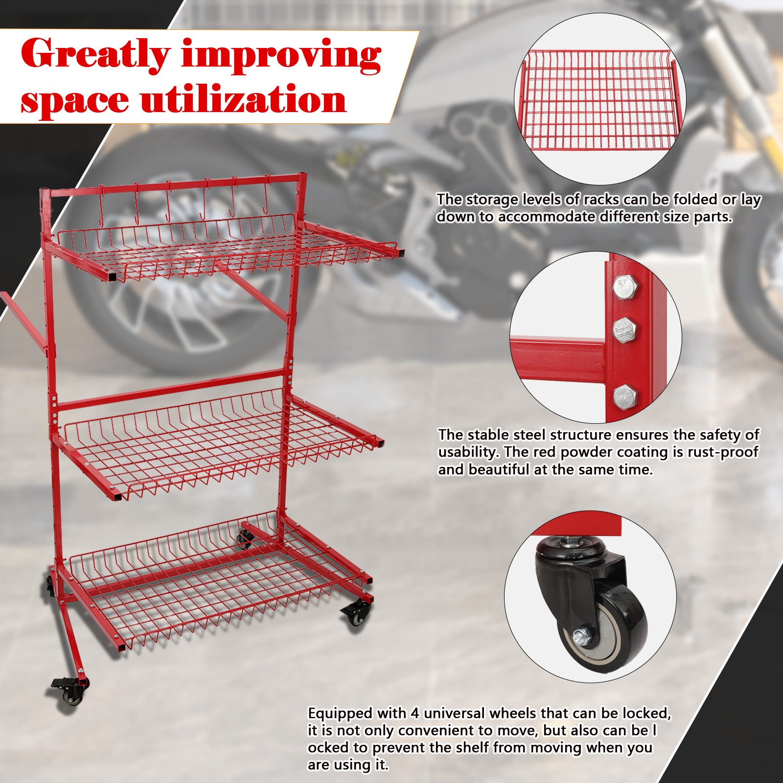 3 Shelf Storage Shelving Workshop Trolley Rack with Wheels for Automotive Tools - Image 5