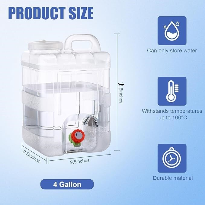 NUEVO Contenedor de agua para almacenamiento dispensador de transporte de camping - 4 galones (15L)-