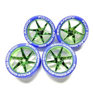 Mini 4x4 Tamiya 95504 1/32 piezas enchapado en verde ruedas de radios en espiral con neumáticos azules-