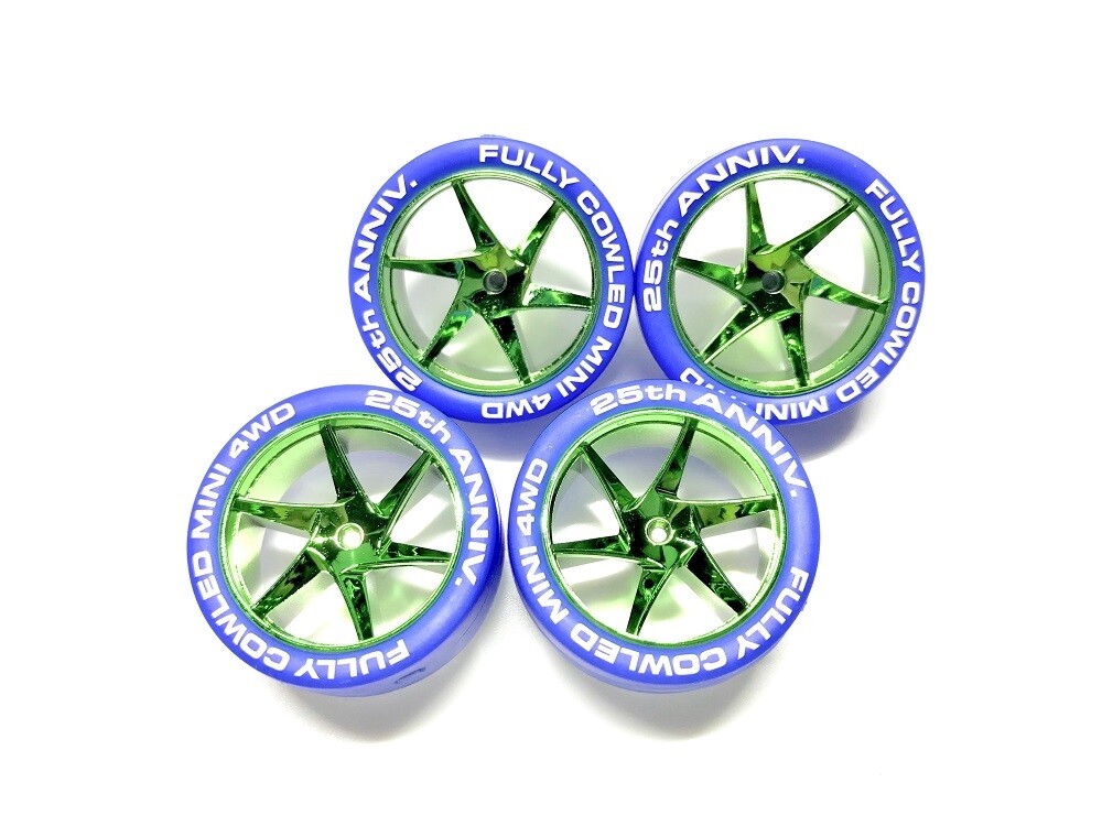 Mini 4x4 Tamiya 95504 1/32 piezas enchapado en verde ruedas de radios en espiral con neumáticos azules-