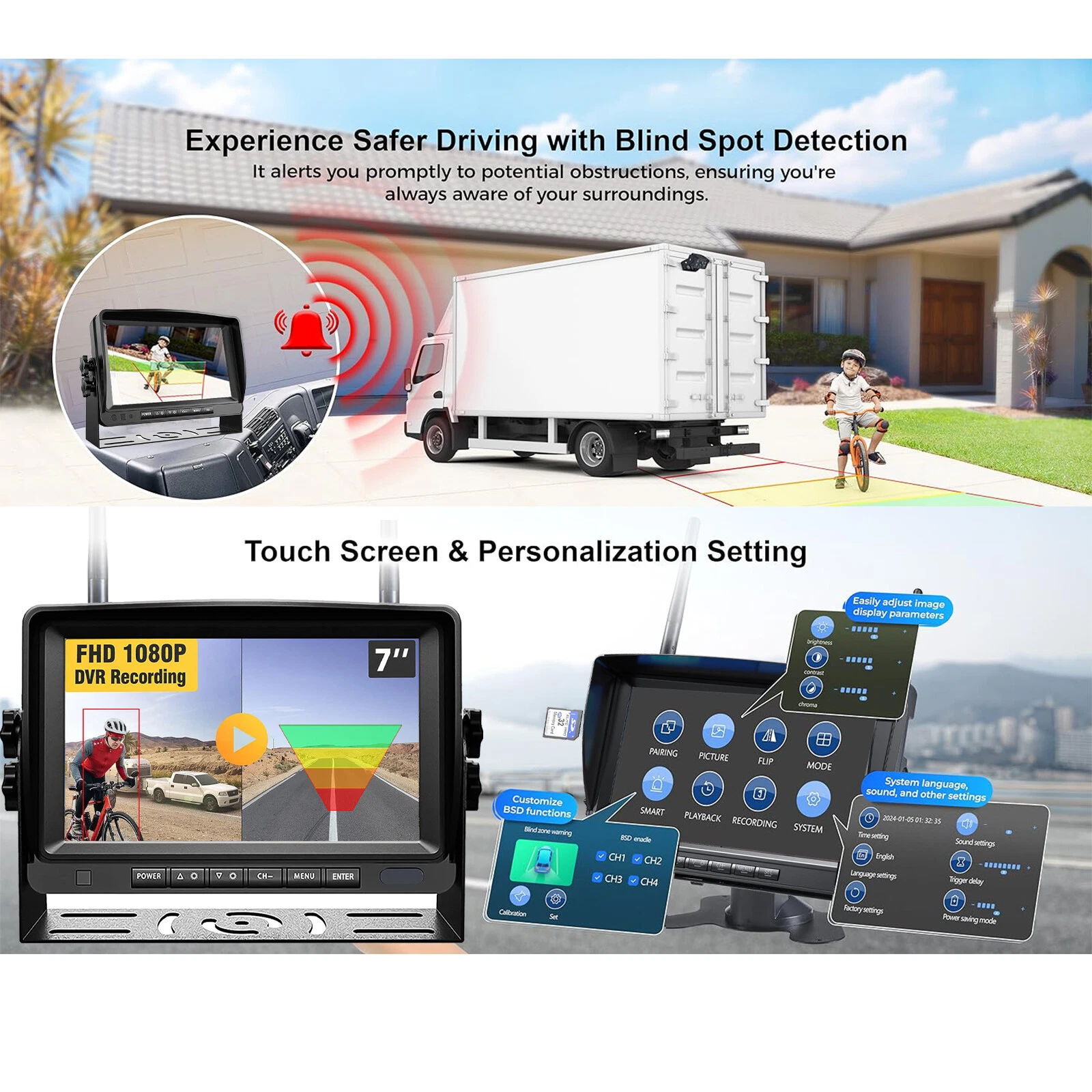 Digital Wireless 7" Quad Monitor DVR 4x BSD Ai Reversing Backup Cameras Caravan - Image 2