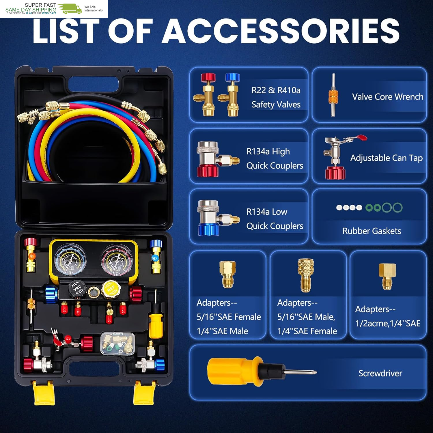 Juego de medidores de CA automotrices con mangueras, juego de medidores de colector de climatización de 4 vías compatible con- - Image 2