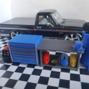 Blue Tool Box Workbench Oil Pan Gas Compressor 1/24 1/25 Scale Garage Diorama