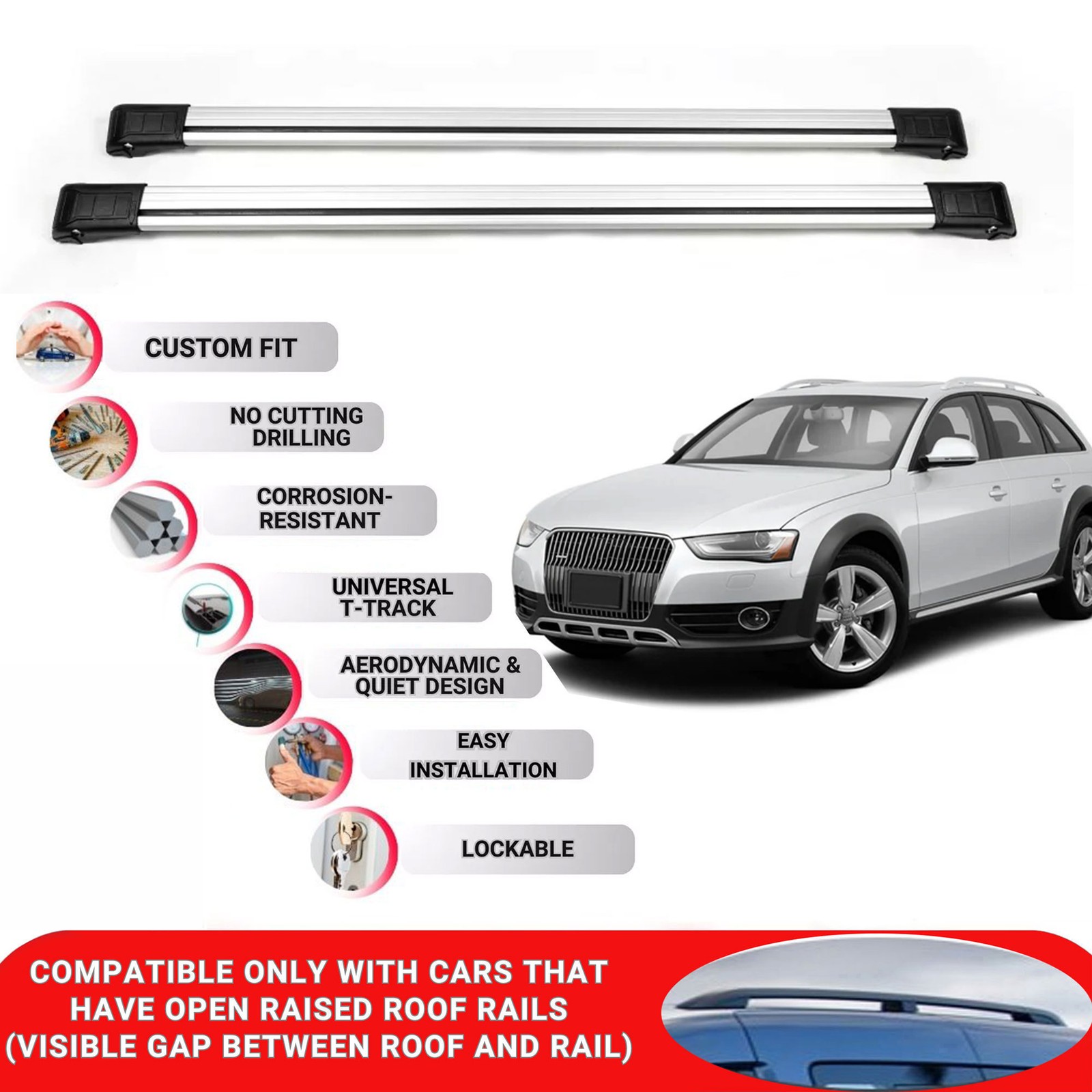 2X Barras transversales de techo para Audi A4 Allroad B8 2008-2015 barras de techo bloqueables grises- - Image 2