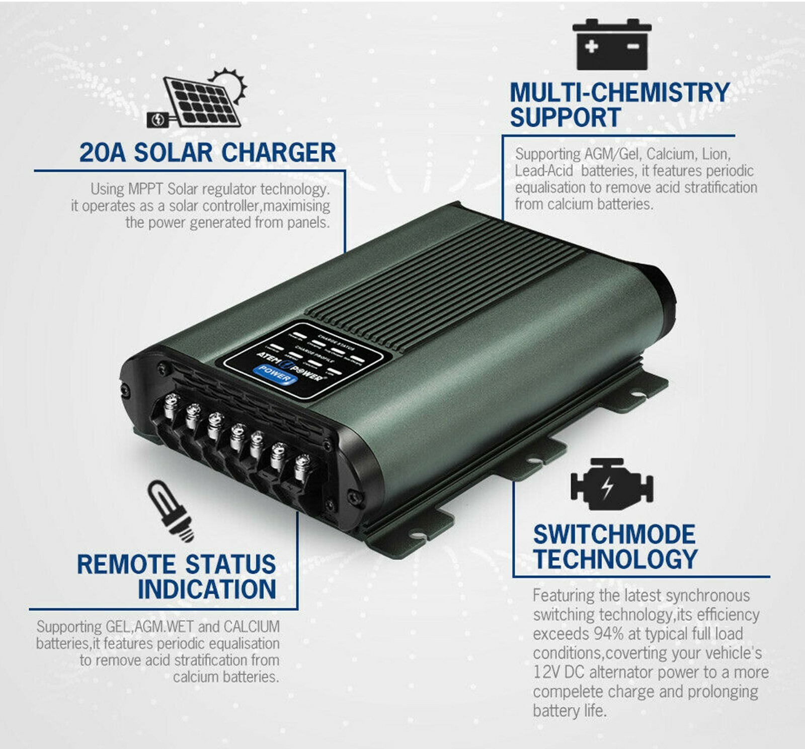 Autocaravana Atem Power 12V 20A DC a DC Cargador de batería MPPT Sistema Kit Aislador Doble 4x4- - Image 5