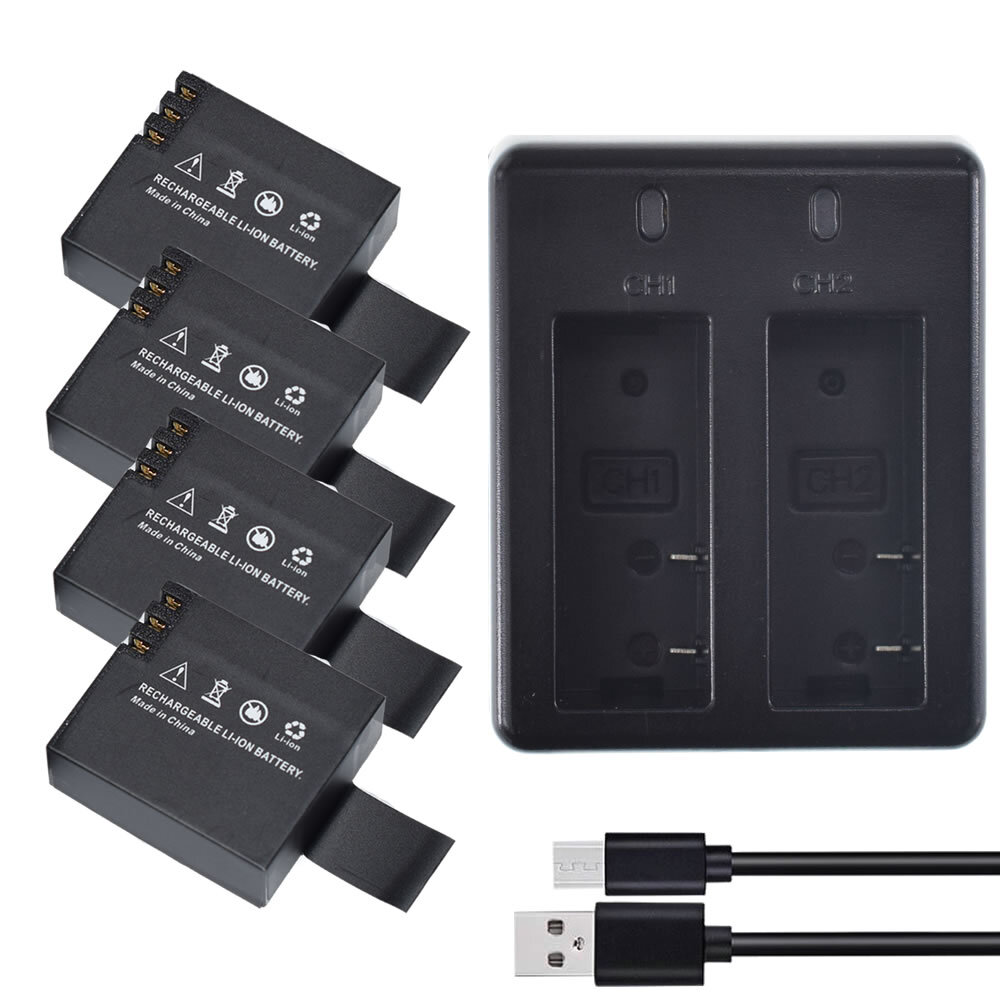 Batería de iones de litio 4 piezas 3,7 V 900 mAh + cargador doble para cámara deportiva de acción SJ4000 OS480-