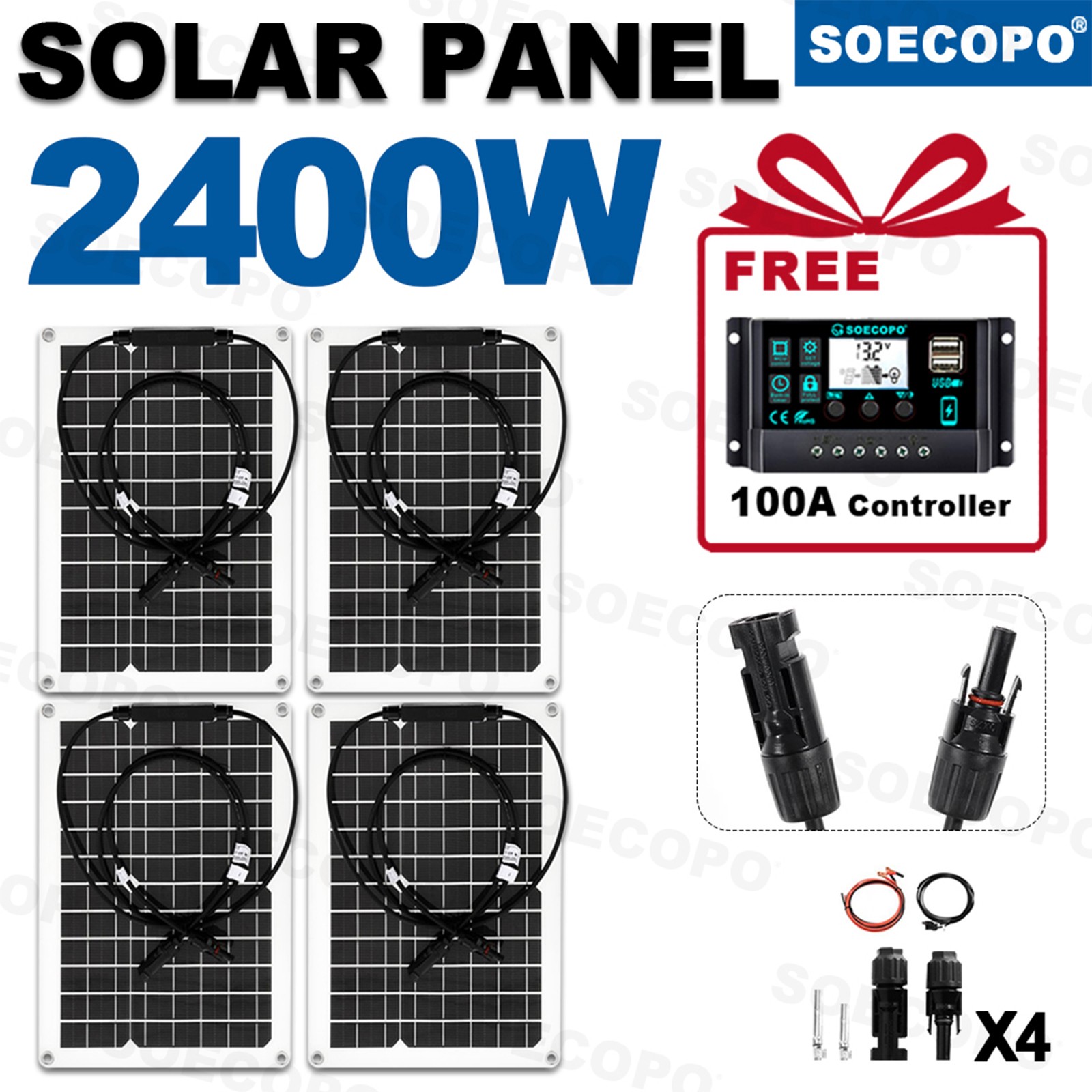 Paneles Solares 2400W - 4 x 600W Flexibles + Controlador 100A con Accesorios-