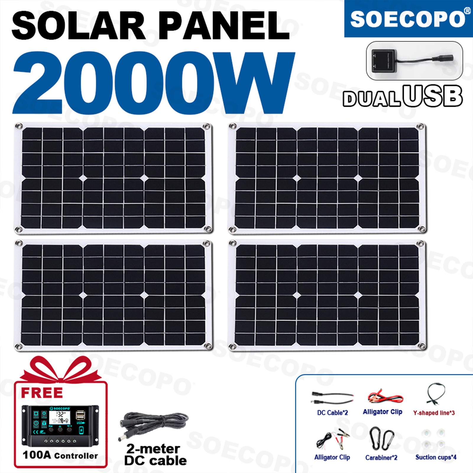 Paneles Solares 600W 4x500W - Controlador 100A + Cable Y + Ventosas para Energía Exterior-