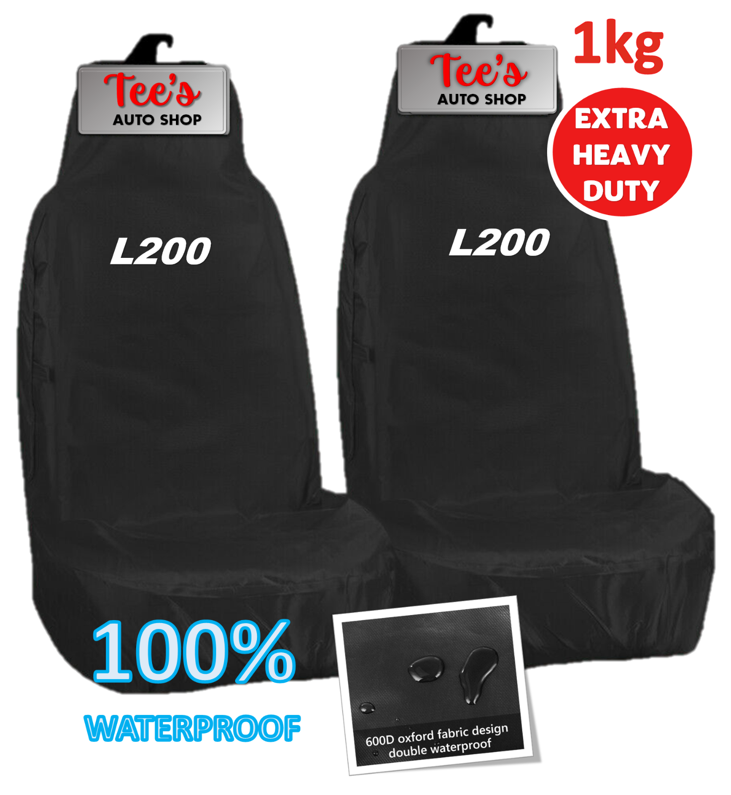 Par de fundas de asiento de coche negras impermeables para MITSUBISHI L200 CON LOGOTIPO-