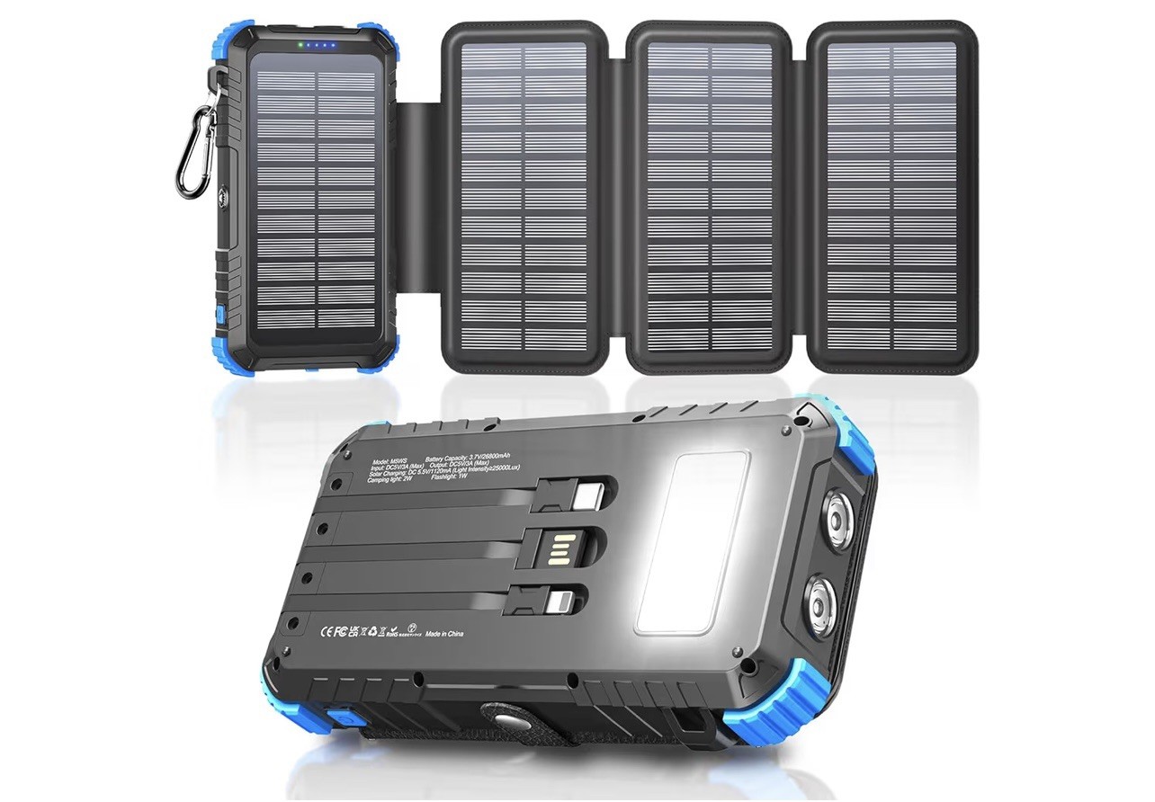 Banco de energía solar de 26800 mAh con cables incorporados y 4 paneles solares para aventuras-