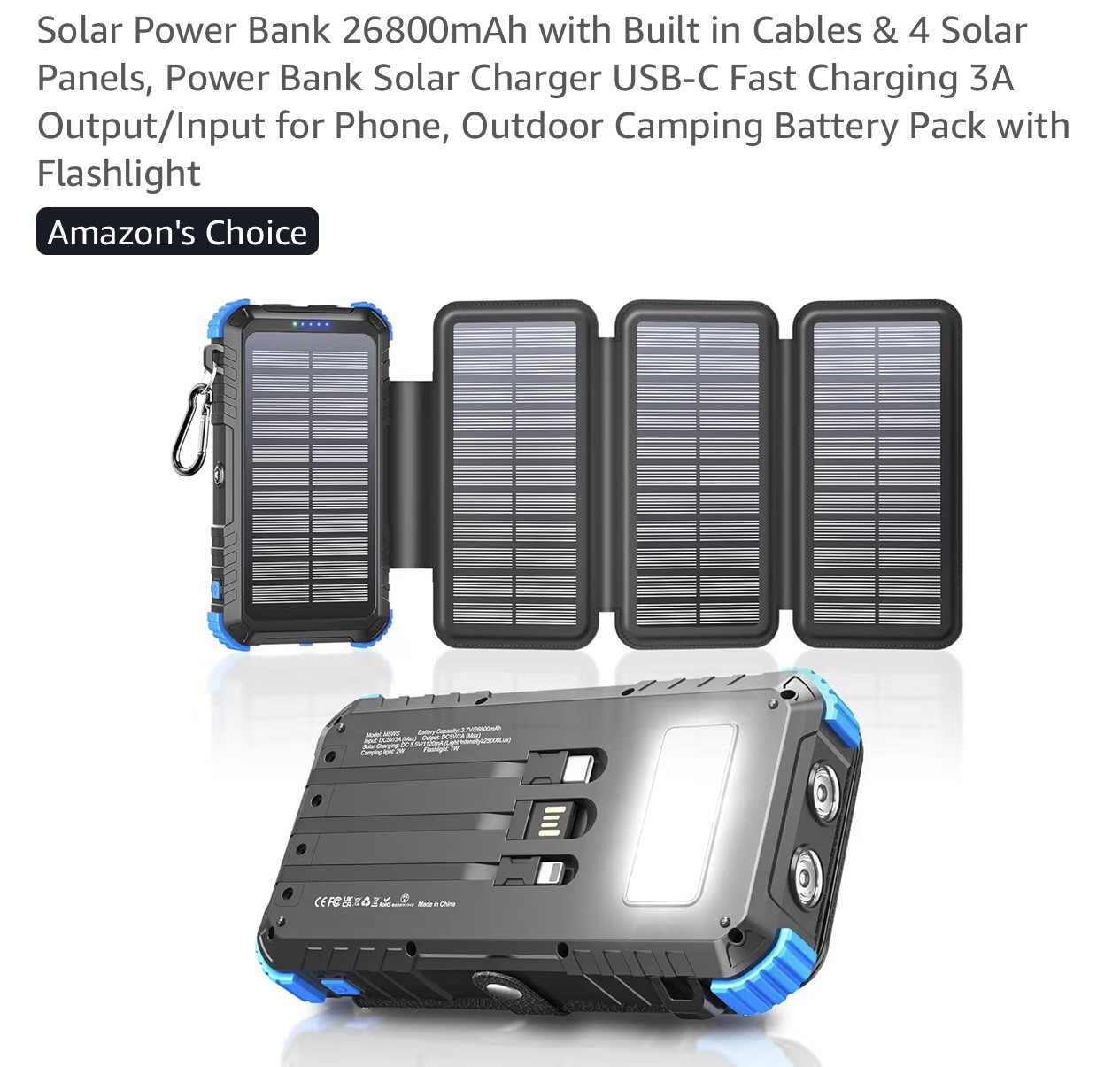 Banco de energía solar de 26800 mAh con cables incorporados y 4 paneles solares para aventuras- - Image 2