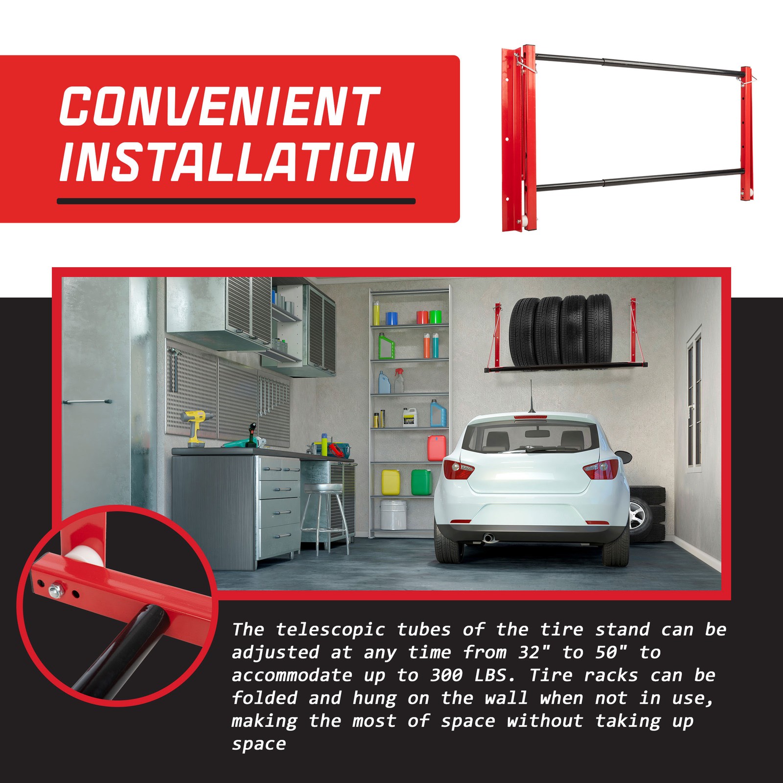 Stalwart 32 to 50in Adjustable Tire Storage Rack Garage Shelving Car Accessories - Image 4