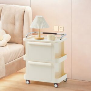 Narrow Rolling Utility Cart with Drawers 2-Tier Open Shelves, Lockable Casters